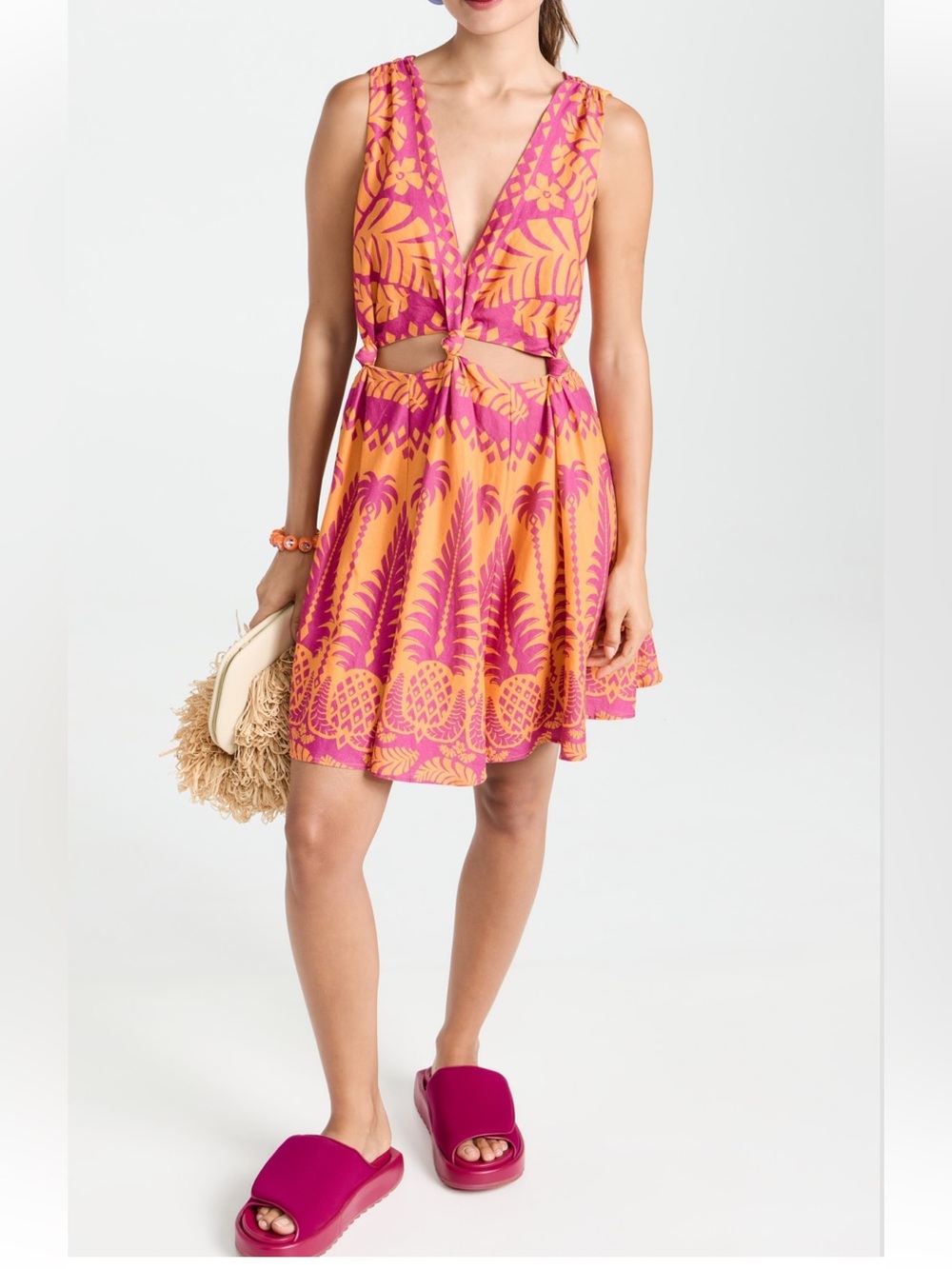 Farm Rio Pineapple Love Cutout Mini Dress Pink & Orange size XS